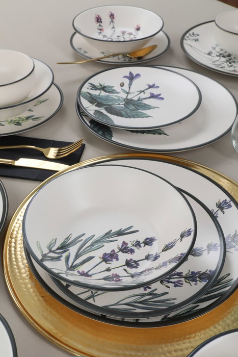 Hermia Juego de Cena de Cerámica de 24 Piezas en Colores Blanco, Verde, Púrpura y Negro